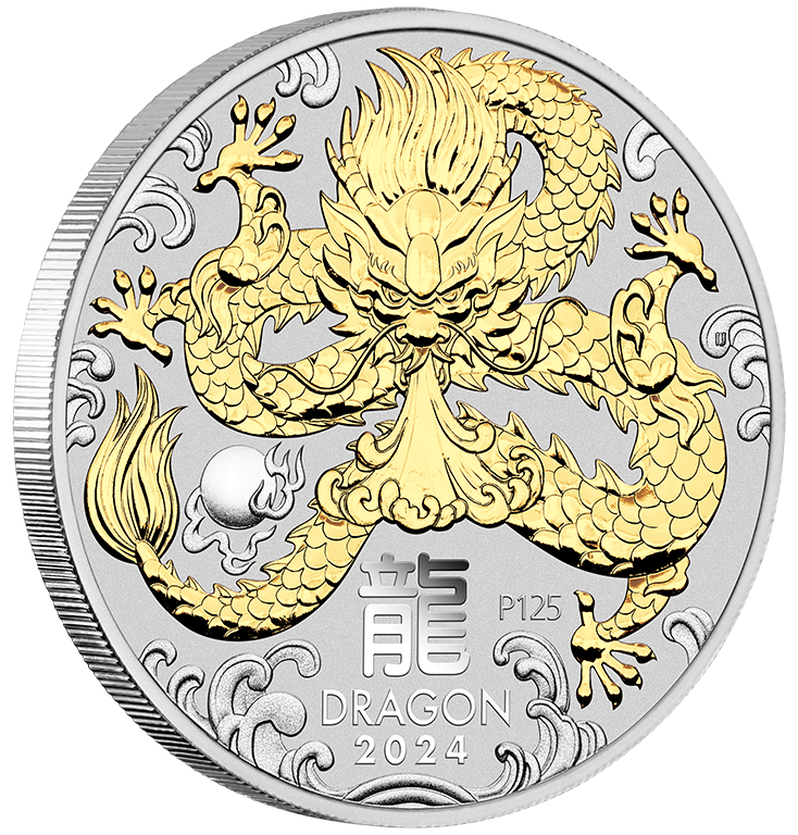 2024 $1 Year of the Dragon 1oz Silver Gilded Coin