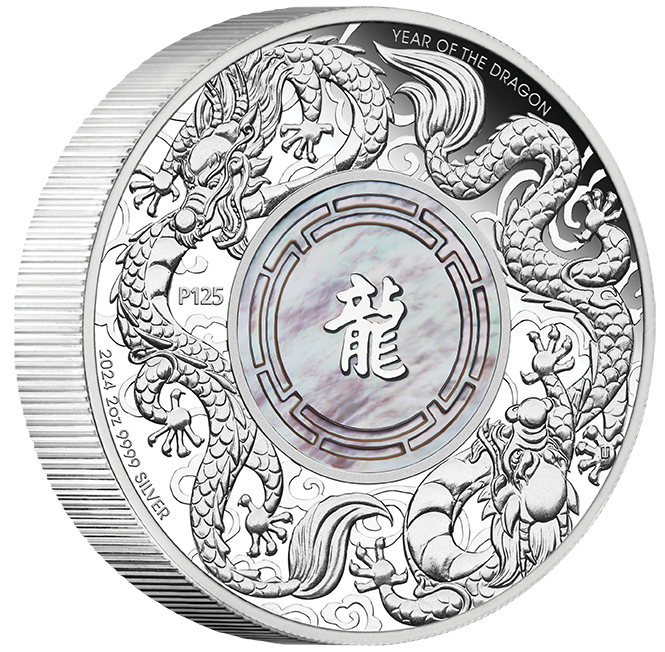 2024 $2 Double Dragon 2oz Silver Proof with Mother of Pearl