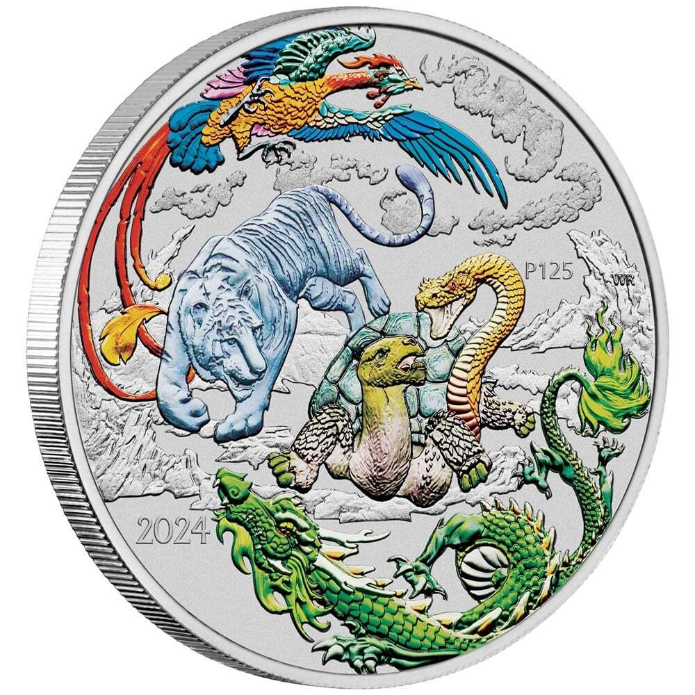 2024 $1 Myths and Legends Four Guardians Lan 1oz Coloured Silver Bullion Coin on Card