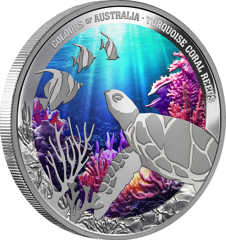 2025 $1 Colours of Australia Turquoise Coral Reefs 1oz Coloured Silver Proof Coin