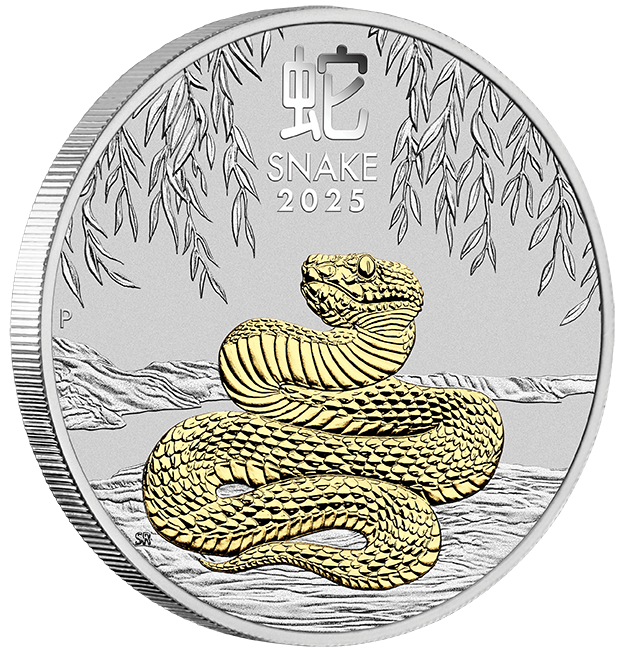 2025 $1 Year of the Snake 1oz Silver Gilded Coin