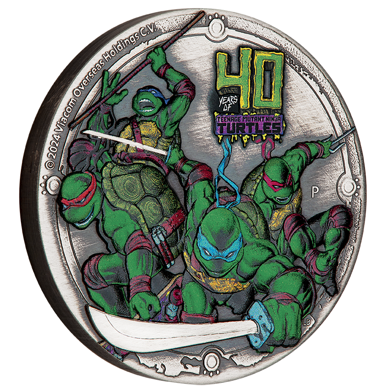 2024 $2 Teenage Mutant Ninja Turtles 40th Anniversary 2oz High Relief Antiqued Coloured Silver Coin