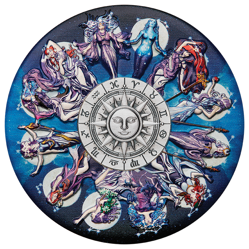 2025 $5 Zodiac Signs and Goddesses 5oz Coloured Silver Antiqued Coin