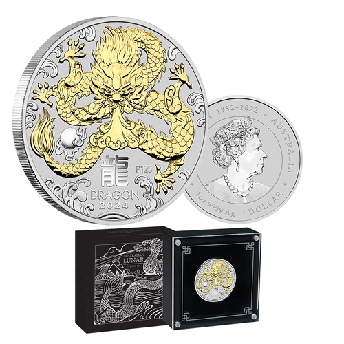 2024 $1 Year of the Dragon 1oz Silver Gilded Coin