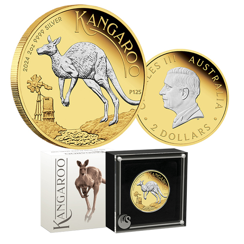 2024 $2 Australian Kangaroo 2oz Silver Proof Reverse Gilded Coin