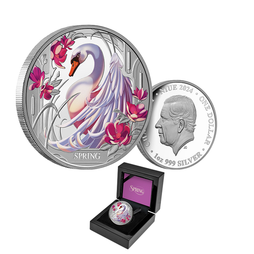 2024 $1 Seasons Spring Swan 1oz Coloured Silver Proof