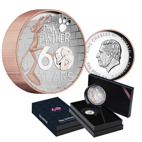 2024 $5 The Pink Panther 60th Anniversary 5oz Silver Proof Gilded Coin