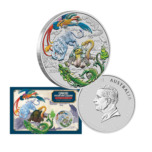 2024 $1 Myths and Legends Four Guardians Lan 1oz Coloured Silver Bullion Coin on Card