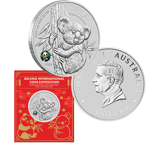 2024 $1 Beijing International Coin Exposition Australian Koala with Panda Privy 1oz Silver Coin