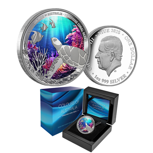 2025 $1 Colours of Australia Turquoise Coral Reefs 1oz Coloured Silver Proof Coin