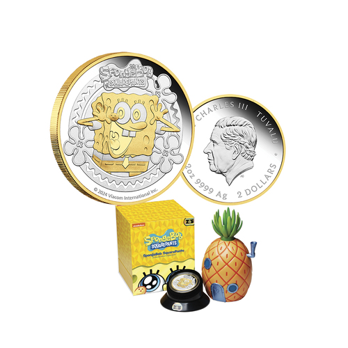 2024 $2 Spongebob Squarepants 2oz Silver Proof Gilded Coin