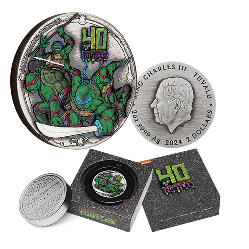 2024 $2 Teenage Mutant Ninja Turtles 40th Anniversary 2oz High Relief Antiqued Coloured Silver Coin