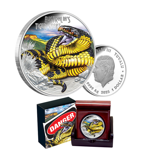 2025 $1 Deadly and Dangerous Tiger Snake 1oz Coloured Silver Proof