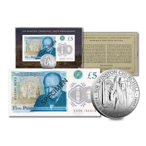 2024 £5 Winston Churchill 150th Note and Coin Pair