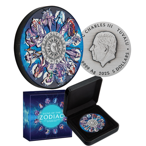 2025 $5 Zodiac Signs and Goddesses 5oz Coloured Silver Antiqued Coin